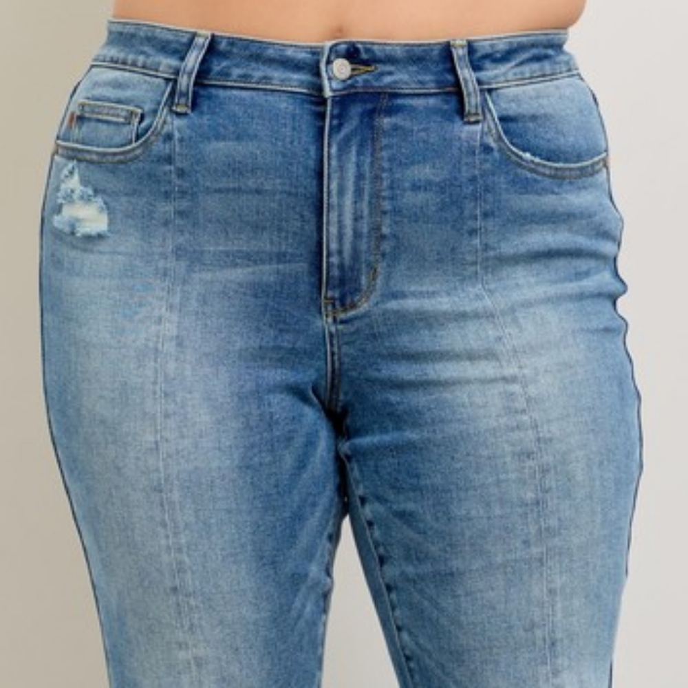 Judy Blue High-Rise Split Hem Distressed Straight Leg Boyfriend Jeans Denim Pant - Picture 6 of 16
